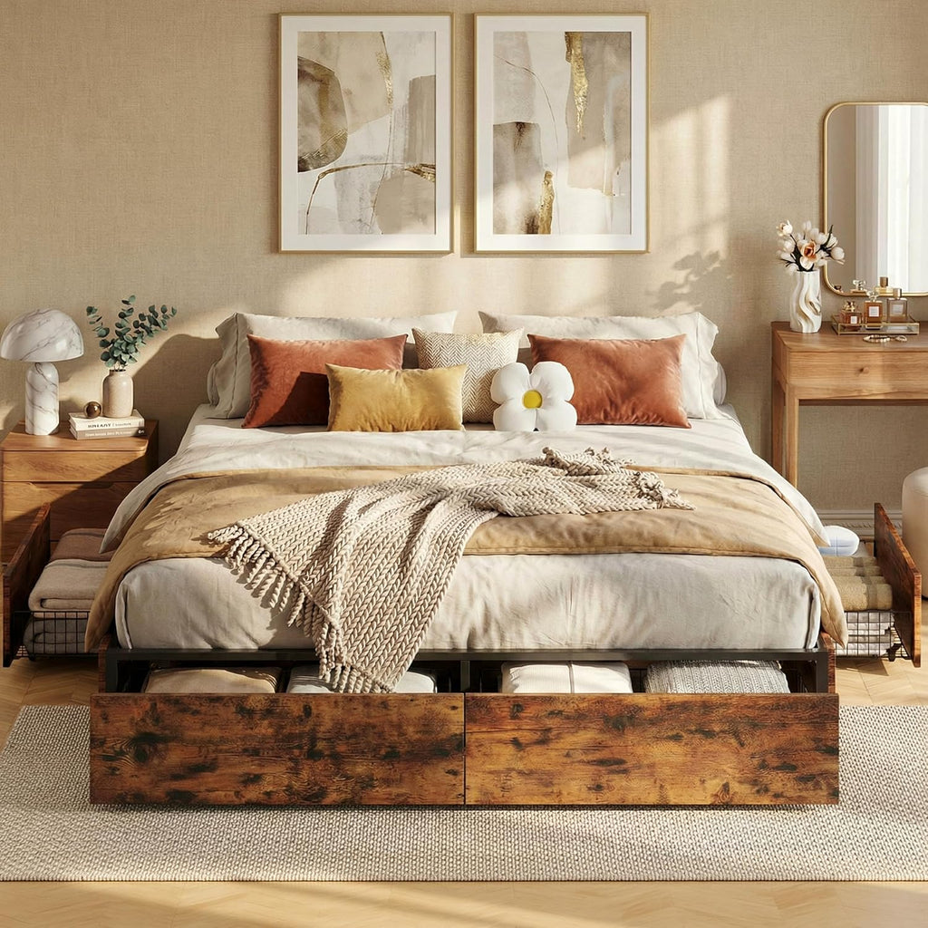 LIKIMIO King Bed Frame with Storage, 4 Drawers and Heavy Strong Metal Support Frames, Solid Stable, No Box Spring Needed, Noise-Free, Easy Assembly, Industrial Brown