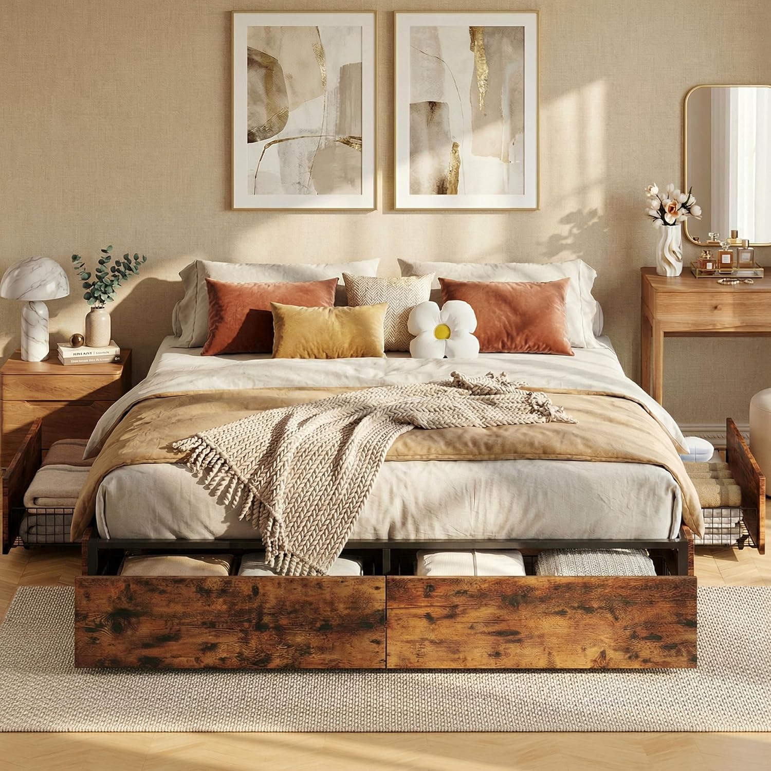 LIKIMIO King Bed Frame with Storage, 4 Drawers and Heavy Strong Metal Support Frames, Solid Stable, No Box Spring Needed, Noise-Free, Easy Assembly, Industrial Brown