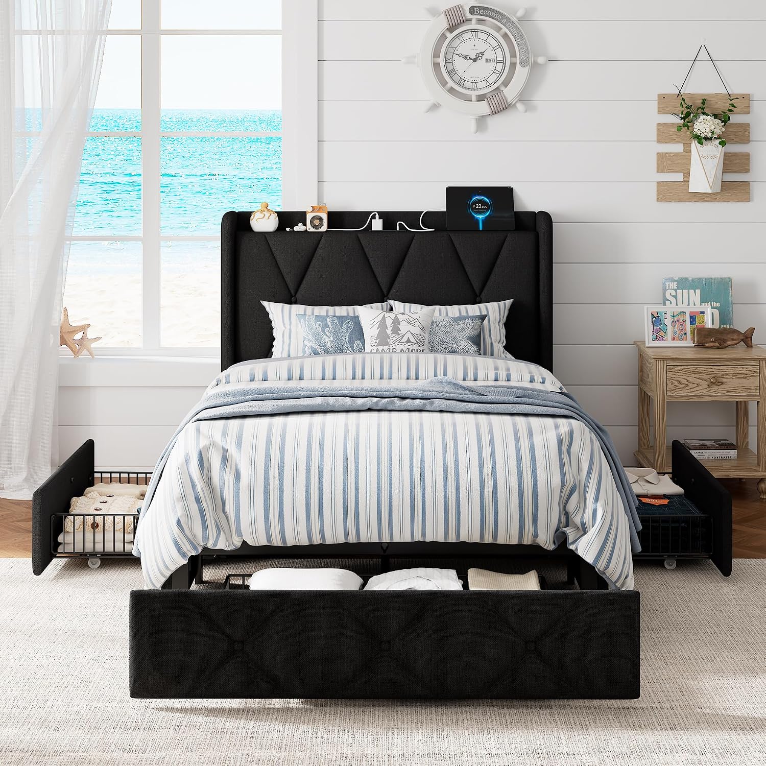 GalnFu Twin Bed Frame with 4 Large Storage Drawers, Upholstered Platform Bed with Charging Station, Modern Wingback Storage Headboard, Easy Assembly,Noise-Free, Black