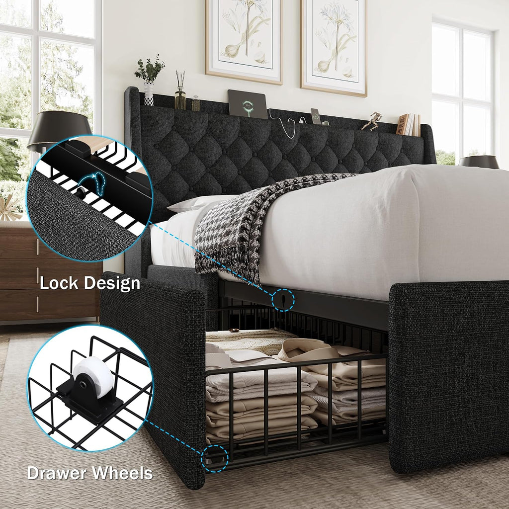 GalnFu King Size Bed Frame with 4 Storage Drawers, Giant Upholstered Wingback Headboard, Fast Charging Station, No Box Spring Needed, Noise-Free, Dark Gray