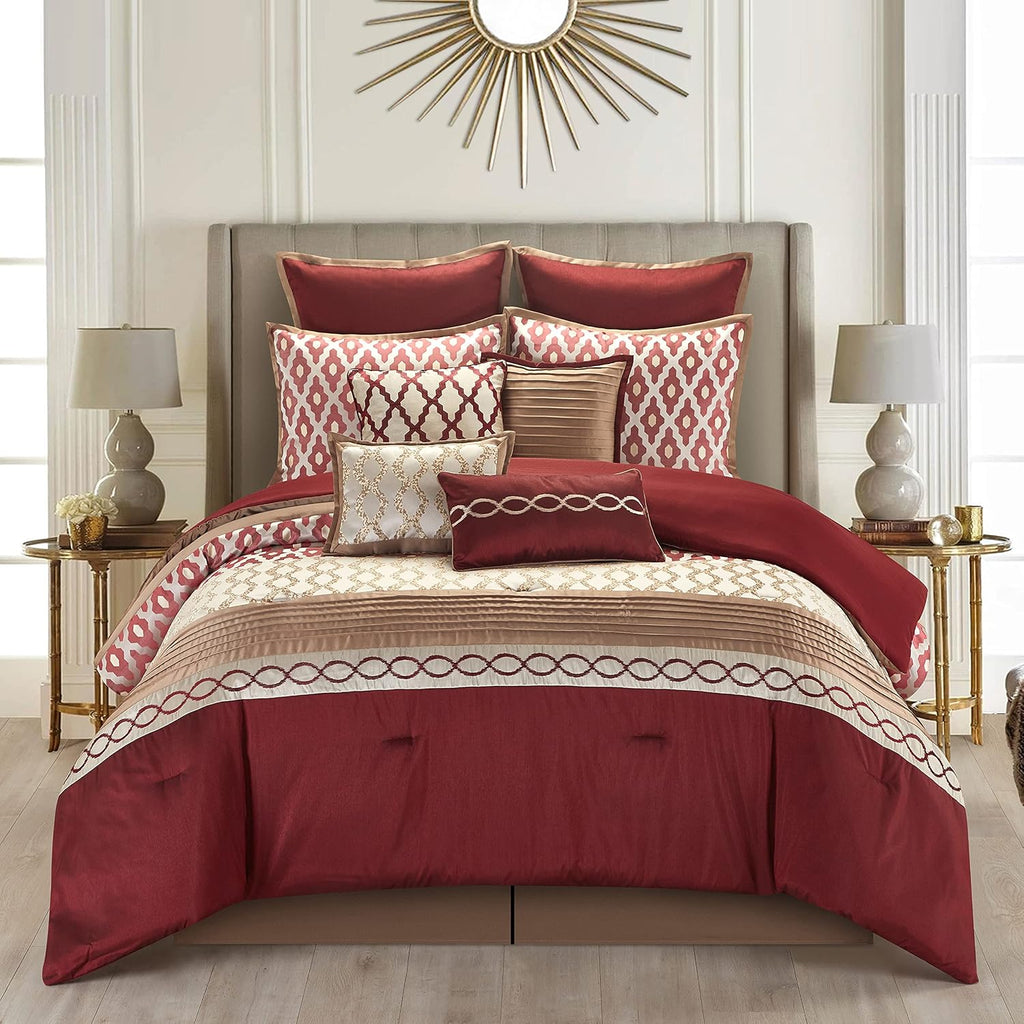 Stratford Park Warm and Vibrant 10 Piece Comforter Bedding Set, Burgundy, California King, 100% Polyester, Matching Bedskirt, Pillows & Shams