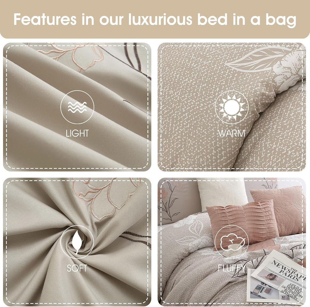 Grand Avenue Blush Bed Sets Queen with Comforter, 7 Piece, Bedding Comforters & Sets, Pillow Shams Bedskirt, Floral Comforters, Home Decor