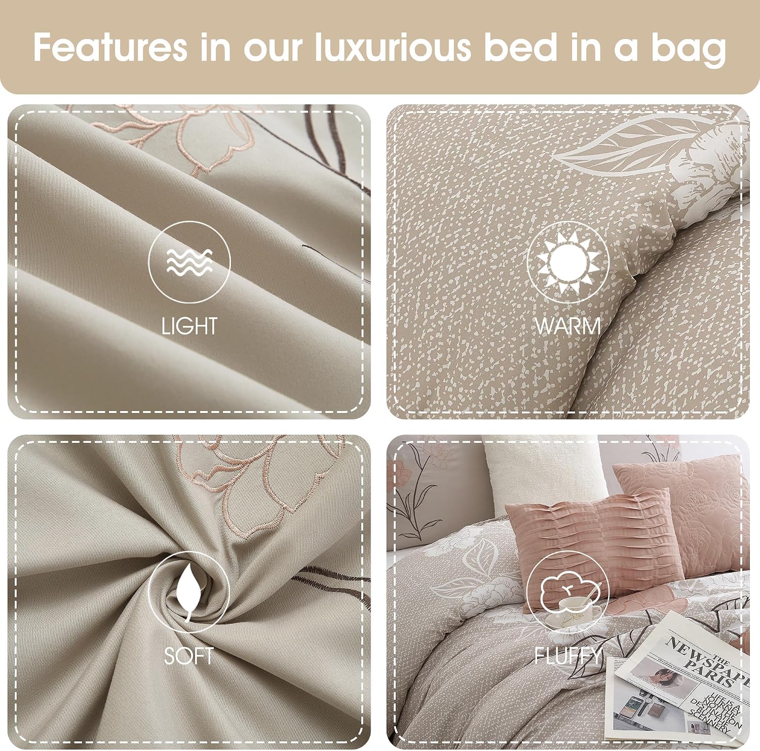Grand Avenue Blush Bed Sets Queen with Comforter, 7 Piece, Bedding Comforters & Sets, Pillow Shams Bedskirt, Floral Comforters, Home Decor