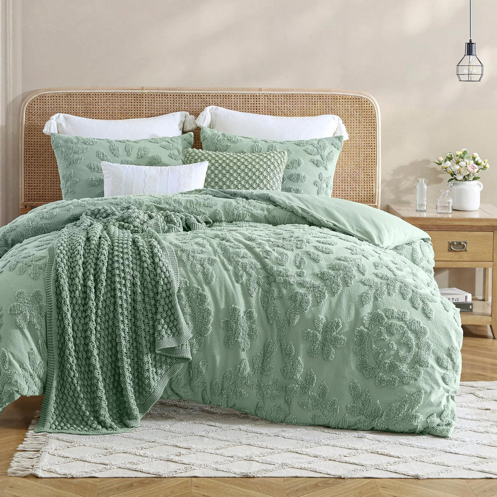 Peri Home 100% Cotton 3-Piece Comforter and Sham Set, King, Sage Chenille Laurel