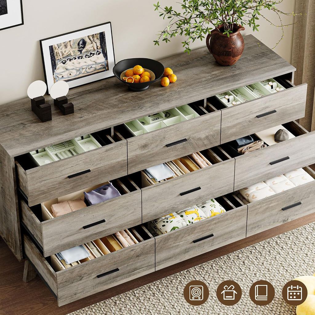 BORNOON Dresser for Bedroom with 9-Drawer, 59' Wide Modern Chest of Drawers with Metal Handles, X-Shape Base & Adjustable Center Leg, Anti-Tip Closet Organizers and Storage