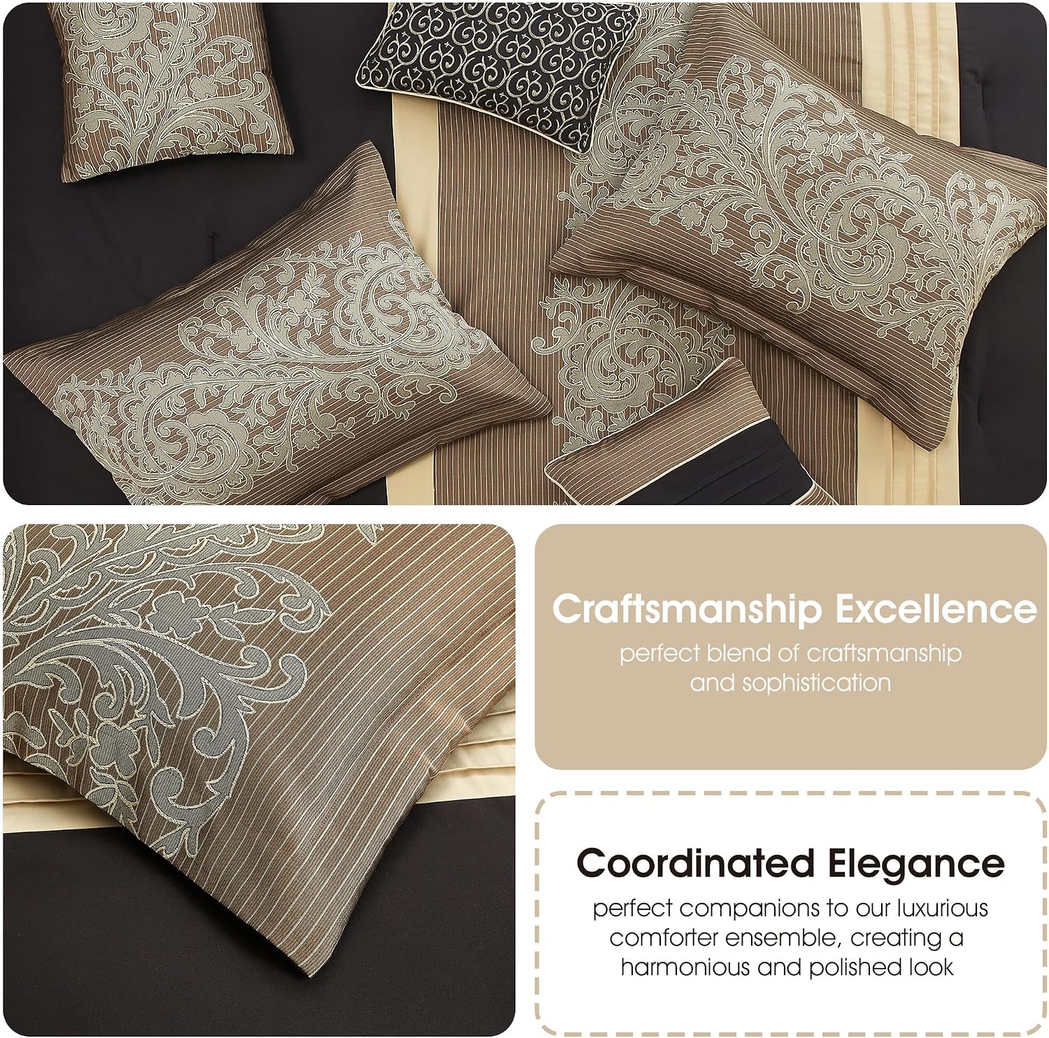 Grand Avenue Black/Gold Cal King Comforter Set, 7 Piece, Bedding Sets & Collections, Pillow Shams Bedskirt, Jacquard Comforters, All Season