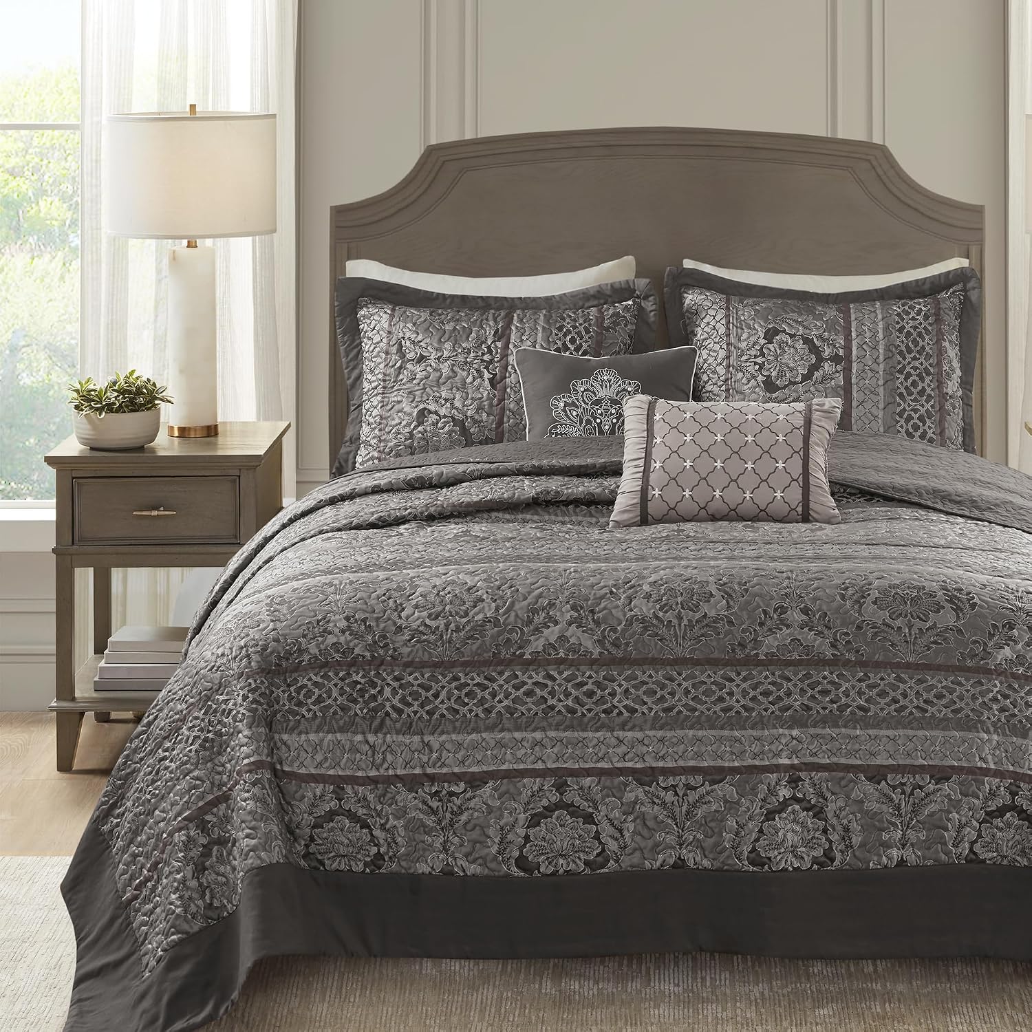 Madison Park Traditional Damask Design All Season, Lightweight Coverlet Bedspread Bedding Set, Matching Shams, Pillows, (120'x118'), Bellagio, Jacquard Grey, 5 Piece
