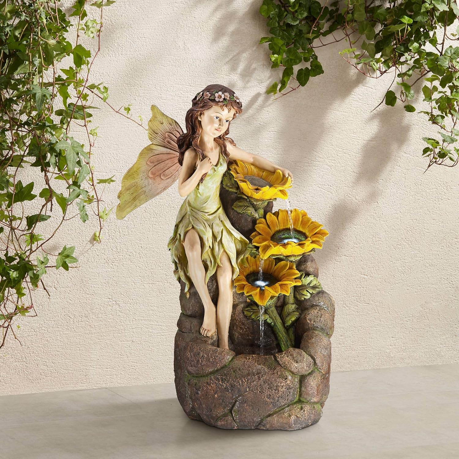 Garden Fairy with Sunflowers 26' High Large Modern Indoor Outdoor Cottage Core Decor Faux Stone Floor Fountain with Light LED Cascading Water Feature for Outside Patio Yard Backyard - John Timberland