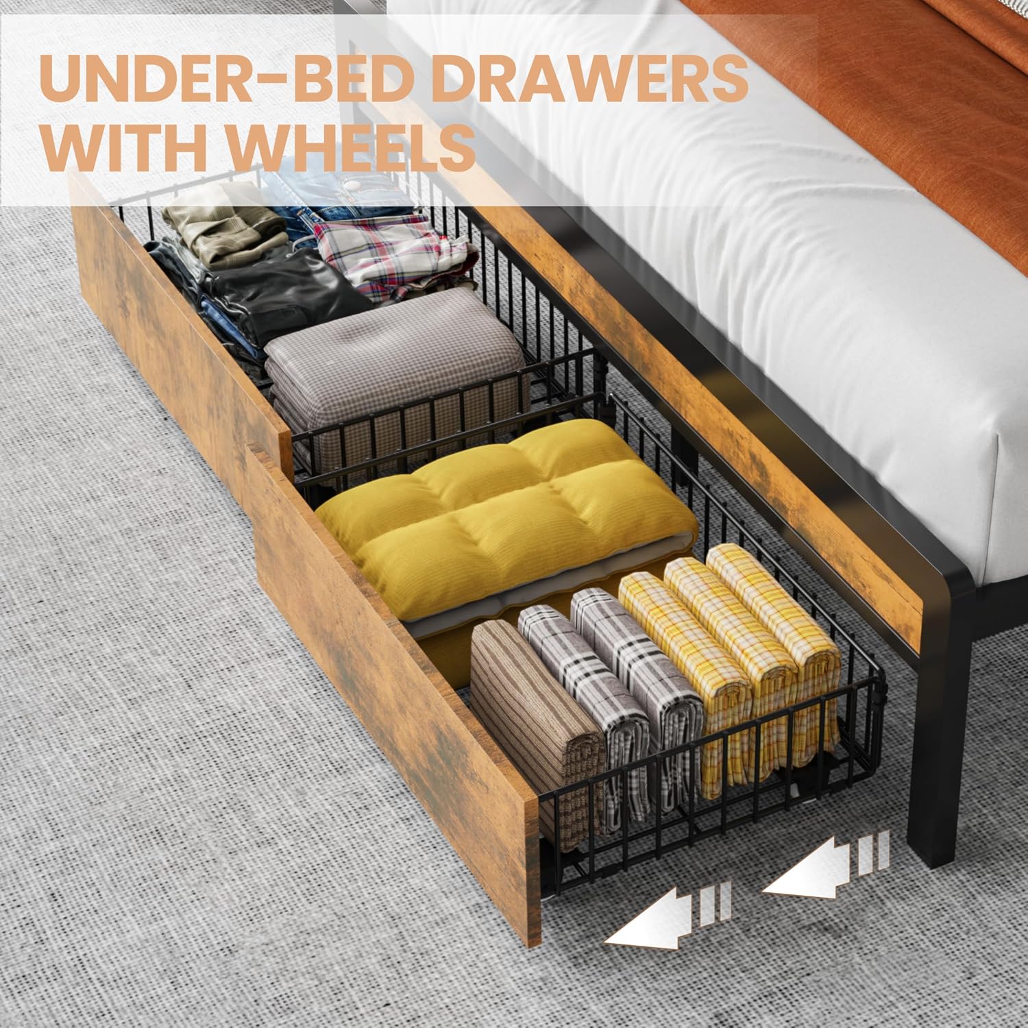 Flolinda King Size Bed Frame with 2 Storage Drawers and LED Lights, Upholstered Headboard with Storage Shelf and Charging Station, Metal Platform Bed Frame King Size, Noise Free, No Box Spring Needed