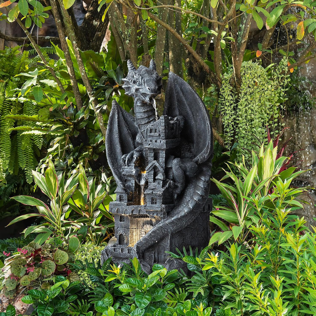 Glitzhome Outdoor Fountain 37' H, 4-Tiered Waterfall Indoor Water Fountain Freestanding Water Feature Fountains with Pump & LED Lights Outside Garden Backyard Decor, Gothic Dragon