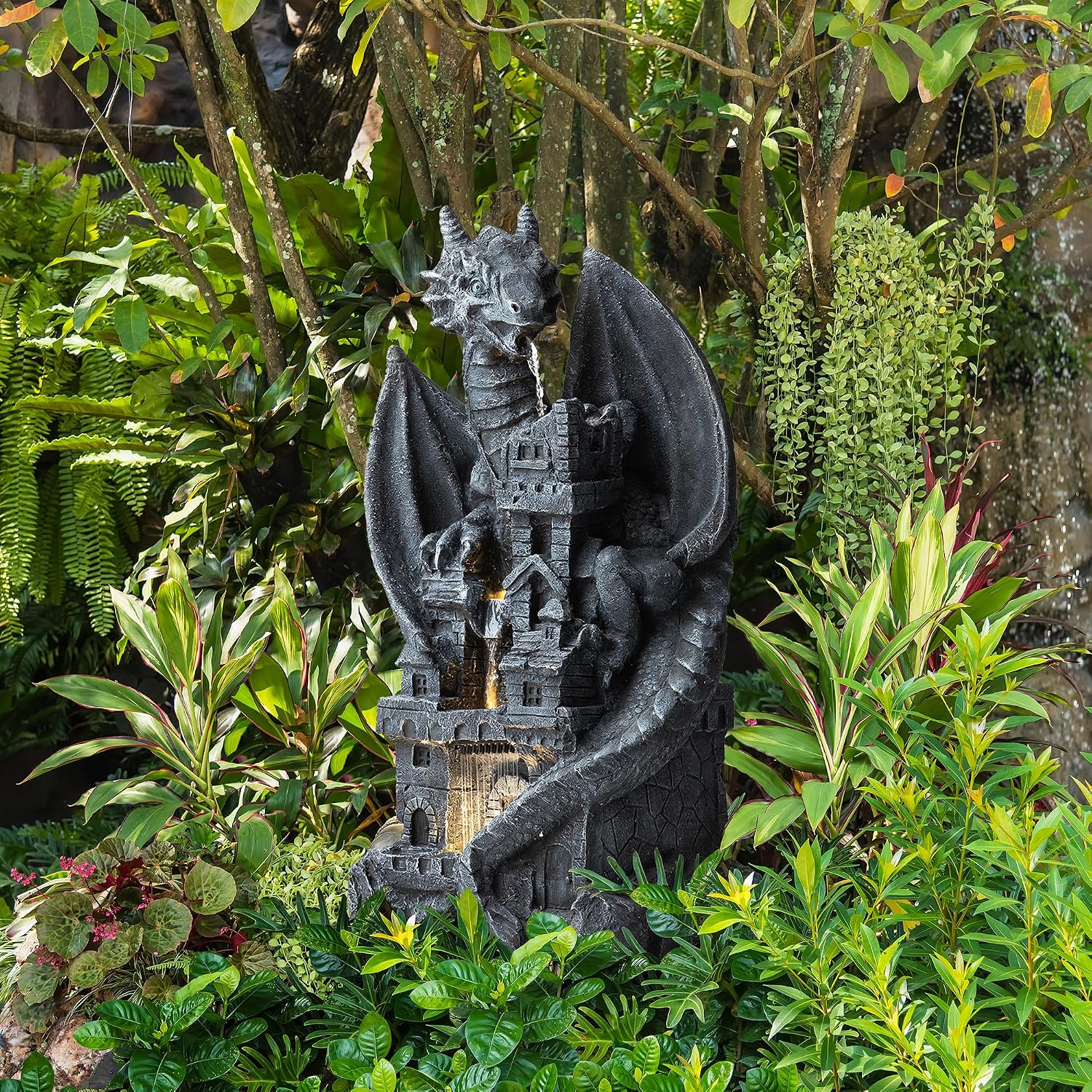 Glitzhome Outdoor Fountain 37' H, 4-Tiered Waterfall Indoor Water Fountain Freestanding Water Feature Fountains with Pump & LED Lights Outside Garden Backyard Decor, Gothic Dragon