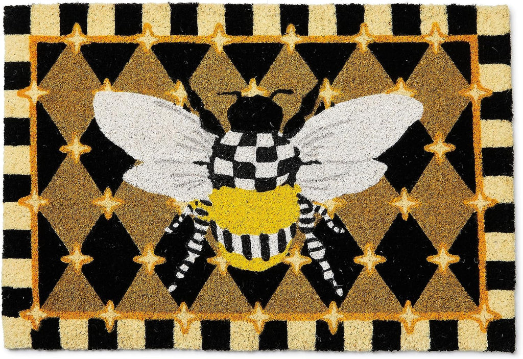 MACKENZIE-CHILDS Entrance Mat, Decorative Outdoor Coir Doormat, Honeycomb with Bees, Black, 24' x 36'