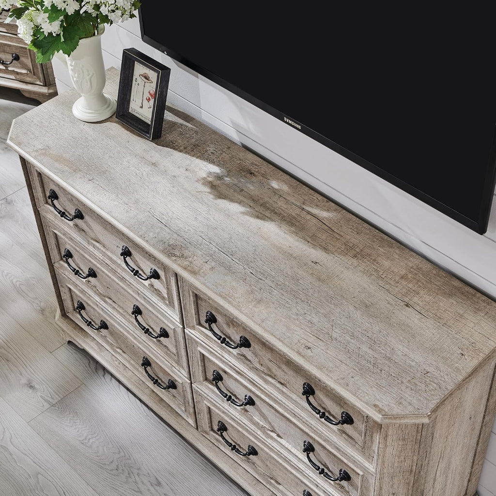 T4TREAM Farmhouse 6 Drawers Dresser for Bedroom, 54' Wide Wood Rustic Chest of Drawers with Natural Texture, Vintage Design, Storage Dressers Organizer for Bedroom, Living Room Light Rustic Oak
