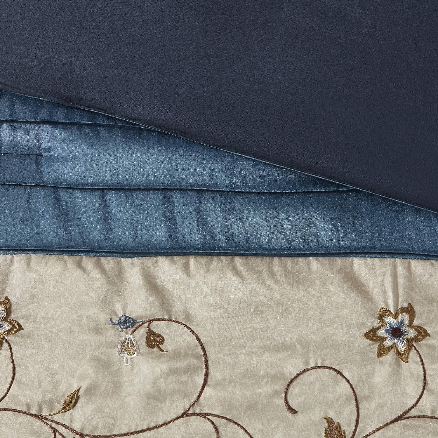Madison Park Serene Faux Silk Comforter Set - Floral Embroidery Design, All Season Bedding Set, Matching Bed Skirt, Decorative Pillows, Navy Cal King(104'x92') 7 Piece