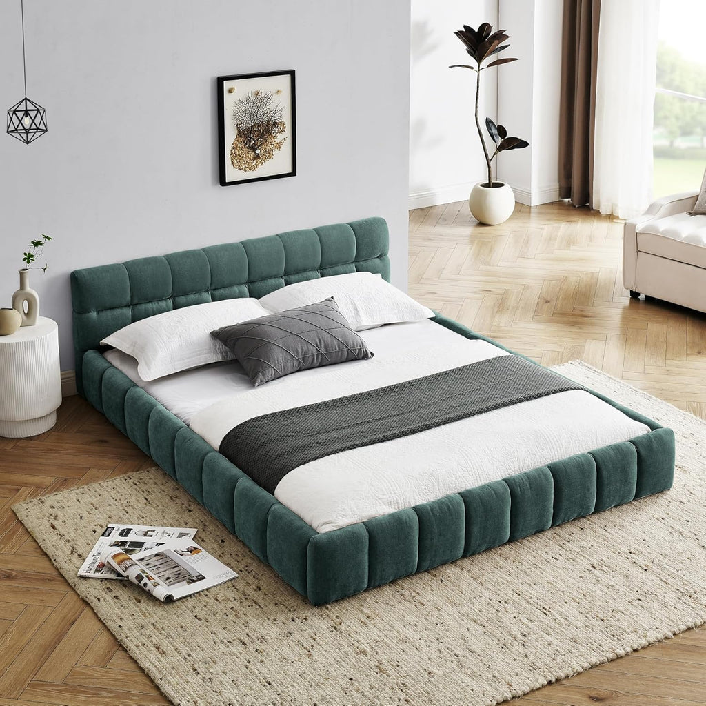 extrasleep Queen Size Soft Cloud Bed Frame, Chenille Upholstered Platform Beds with Thick Headboard, Queen Floor Bed with Solid Wood Frame, No Box Spring Needed, Easy Assembly, Green