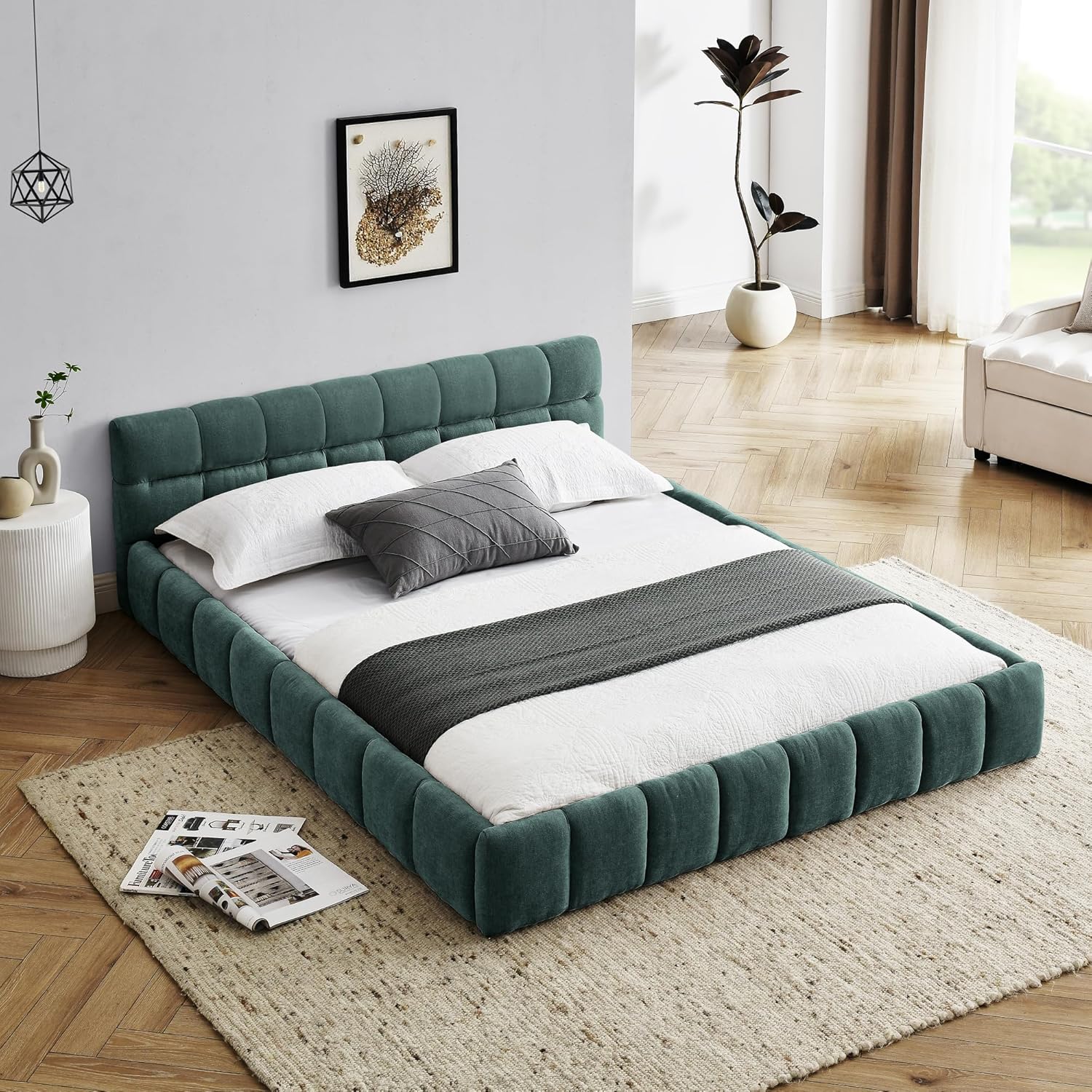extrasleep Queen Size Soft Cloud Bed Frame, Chenille Upholstered Platform Beds with Thick Headboard, Queen Floor Bed with Solid Wood Frame, No Box Spring Needed, Easy Assembly, Green