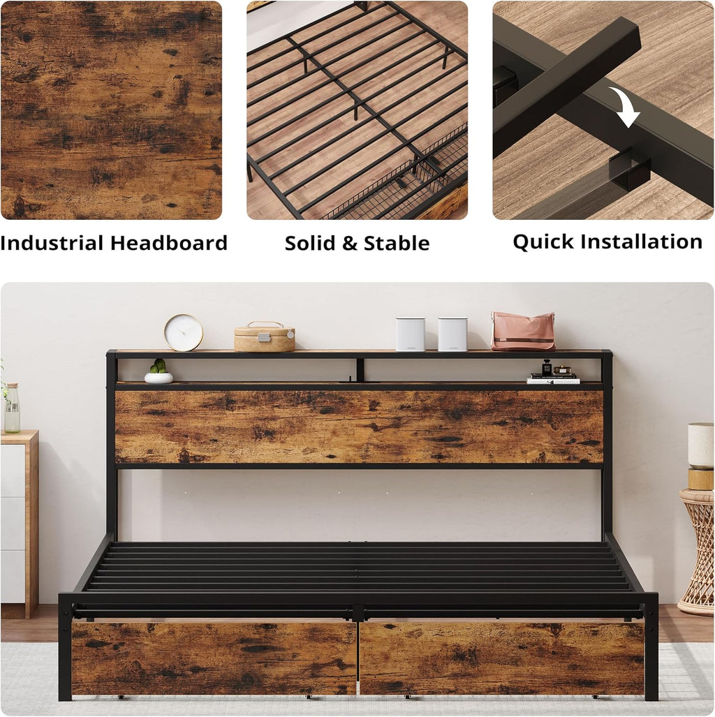 LIKIMIO California King Bed Frame with Storage Headboard, Platform Bed with Drawers and Charging Station, No Box Spring Needed, Easy Assembly, Vintage Brown