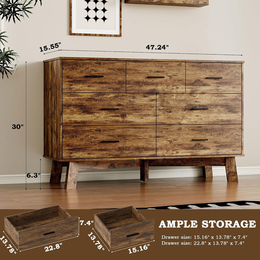 BORNOON Dresser for Bedroom with 7-Drawer, 47.2' Wide Modern Chest of Drawers with Metal Handles, X-Shape Base & Adjustable Center Leg, Anti-Tip Closet Organizers and Storage