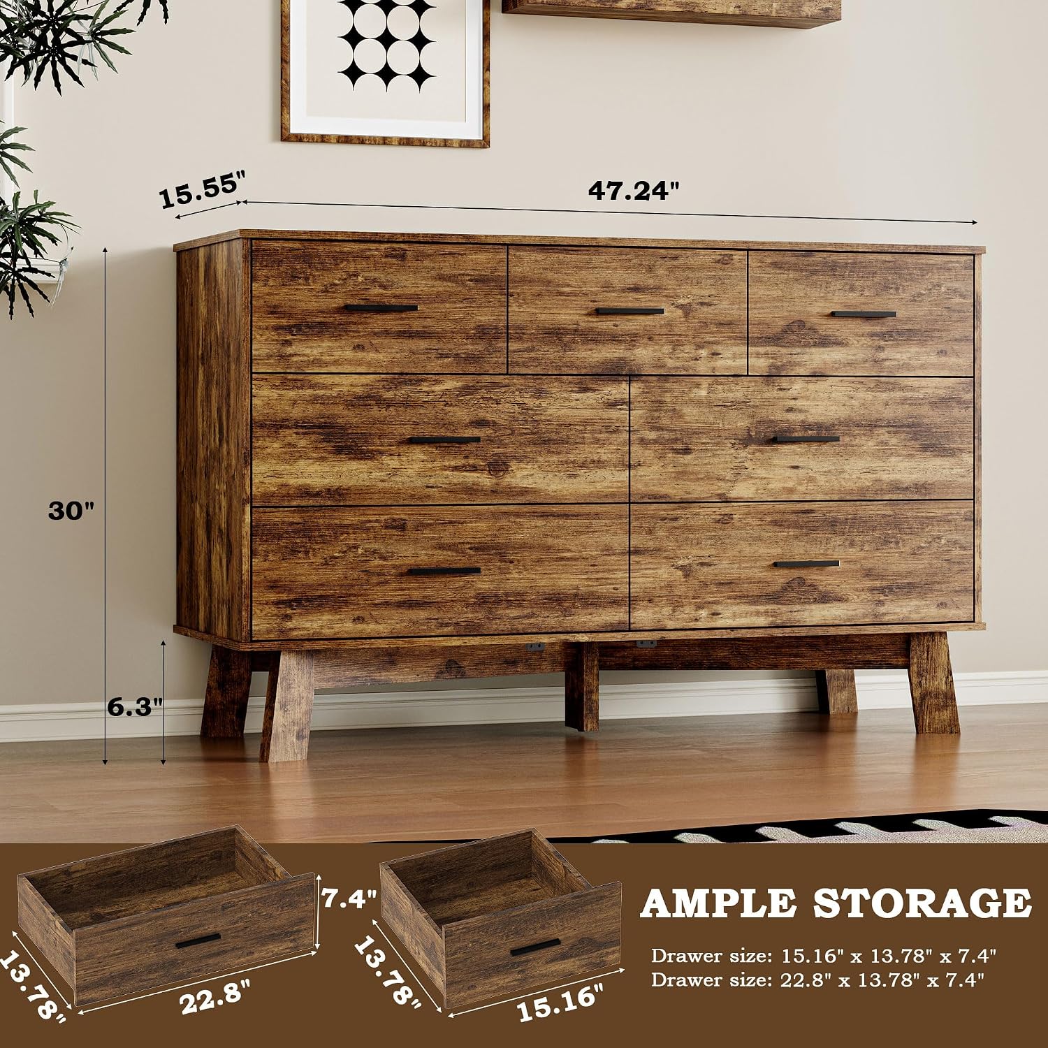 BORNOON Dresser for Bedroom with 7-Drawer, 47.2' Wide Modern Chest of Drawers with Metal Handles, X-Shape Base & Adjustable Center Leg, Anti-Tip Closet Organizers and Storage