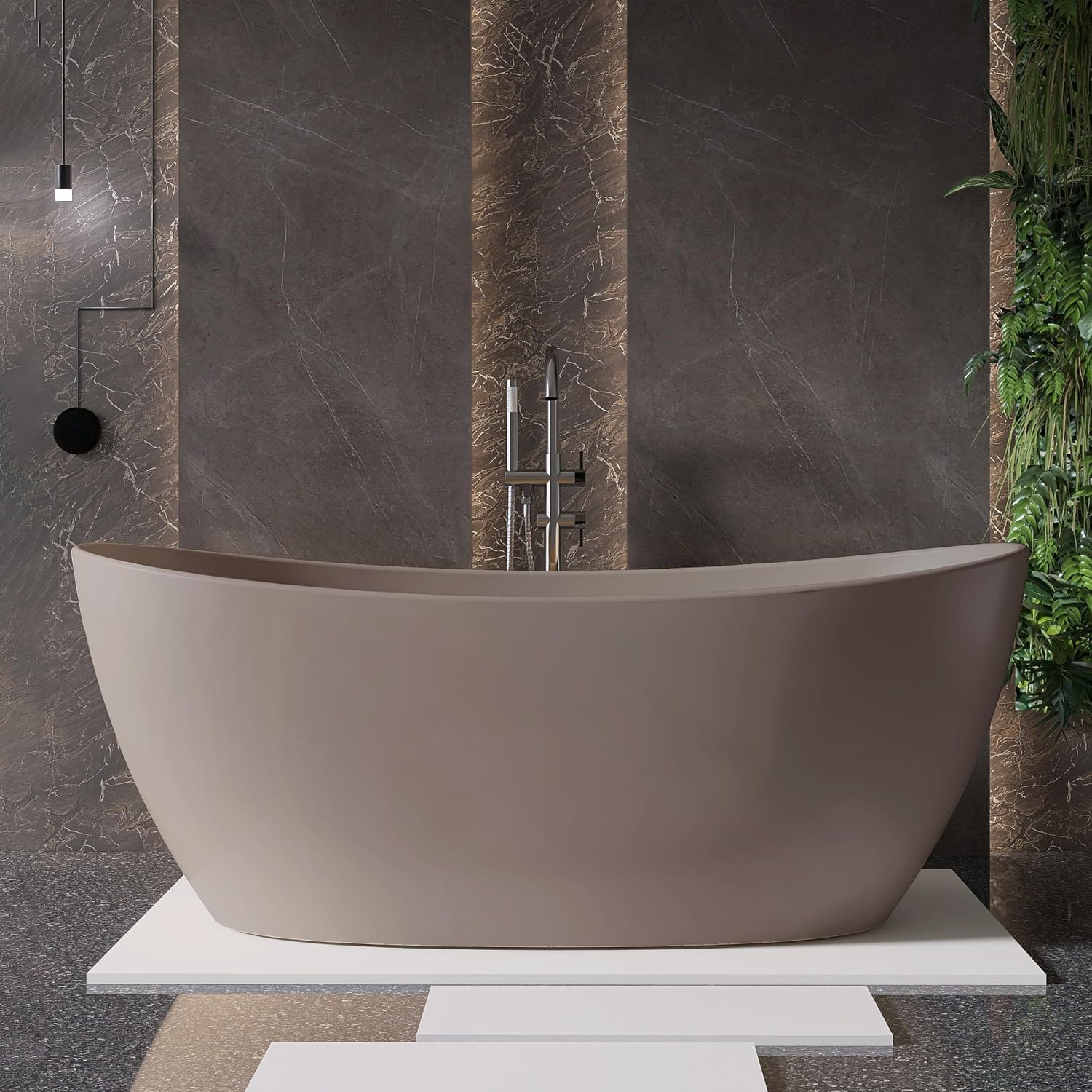 65'' Stone Resin Solid Surface Freestanding Bathtub, Modern Elegant Design Soaking Stand Alone Tub, Light Gray, Drain and Overflow Included