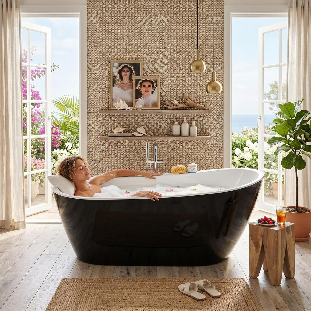 Garvee 67' Deep Soaking Bathtub, Non-Slip Acrylic Tub with Chrome Drain, cUPC Certified, Ergonomic Modern Bath for Bathrooms, Easy-Install, Black Upturned