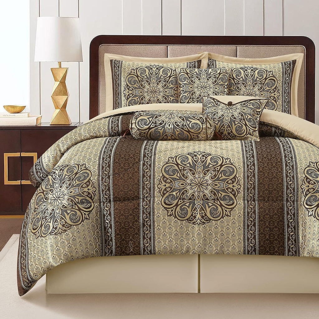 LANCO MODERN LIFESTYLE Queen Comforter Set, Brown Medallion Jacquard Design, Luxurious Bohemian 7 Pieces Bedding Set with Decorative Pillows and Bed Skirt