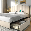VECELO Full Size Bed Frame with 4 Drawers, Adjustable Headboard, Upholstered Platform with Wood Slats Support, Built-in USB and Type C Ports, Cream Beige