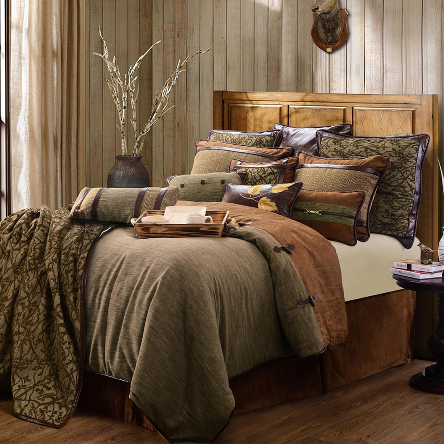 Paseo Road Highland Lodge Rustic Bedding Twin Size Comforter Set, 4 Piece Rustic Comforter Set with Bed Skirt, Sham, Accent Pillow, Green Brown Chenille Jacquard Cabin Bedding Set, Cozy Lodge Bedding