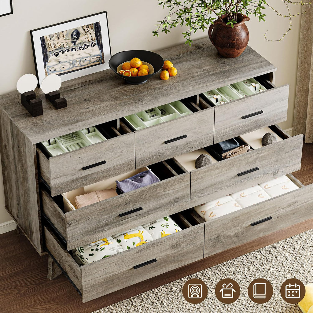 BORNOON Dresser for Bedroom with 7-Drawer, 47.2' Wide Modern Chest of Drawers with Metal Handles, X-Shape Base & Adjustable Center Leg, Anti-Tip Closet Organizers and Storage