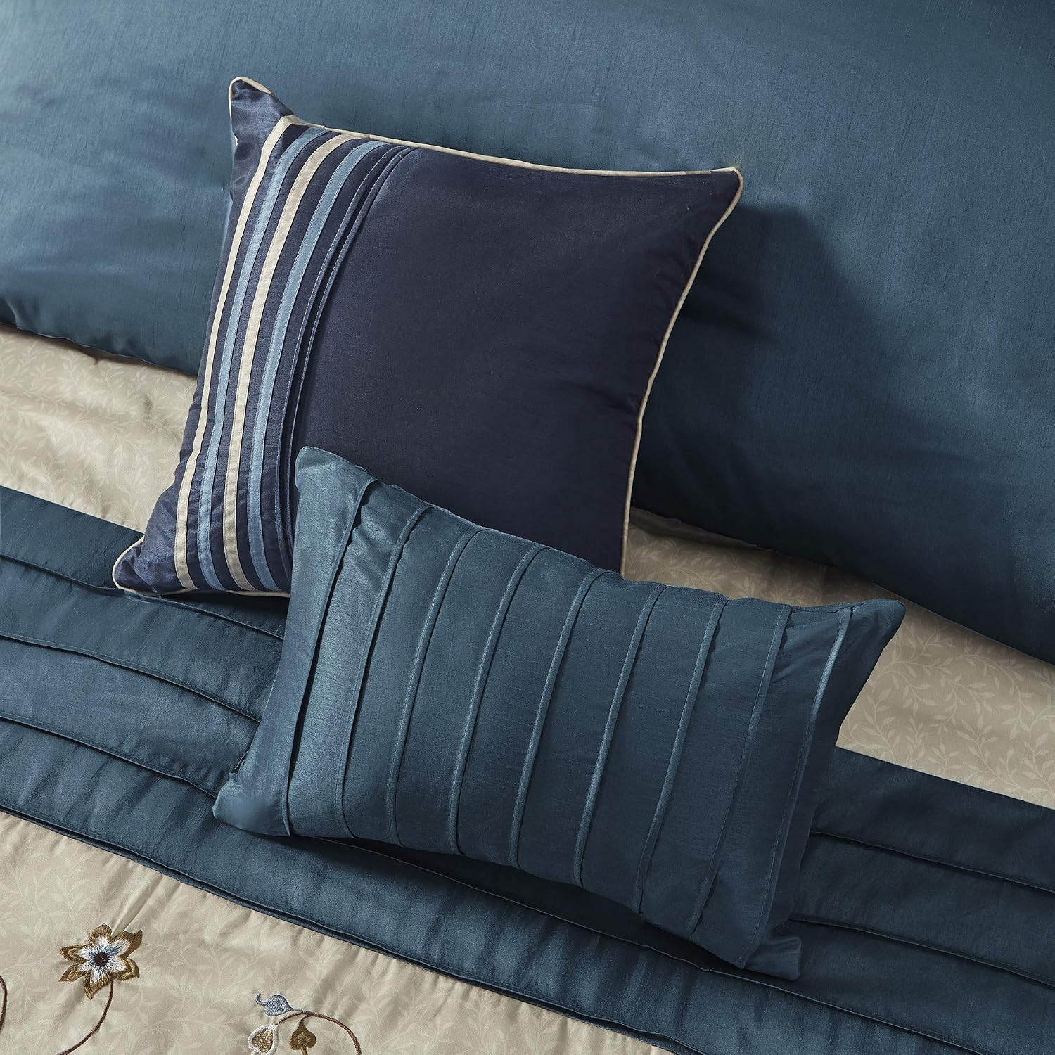 Madison Park Serene Faux Silk Comforter Set - Floral Embroidery Design, All Season Bedding Set, Matching Bed Skirt, Decorative Pillows, Navy Cal King(104'x92') 7 Piece