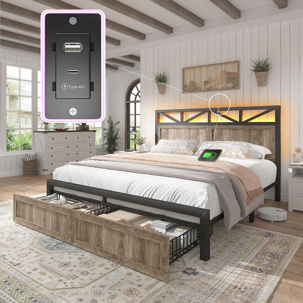 EnHomee Full Size Bed Frame with 2 Storage Drawers and Headboard Full Bed Frame with Built in Charging Station & LED Light,NO Noise,No Box Spring Needed,Light Grey