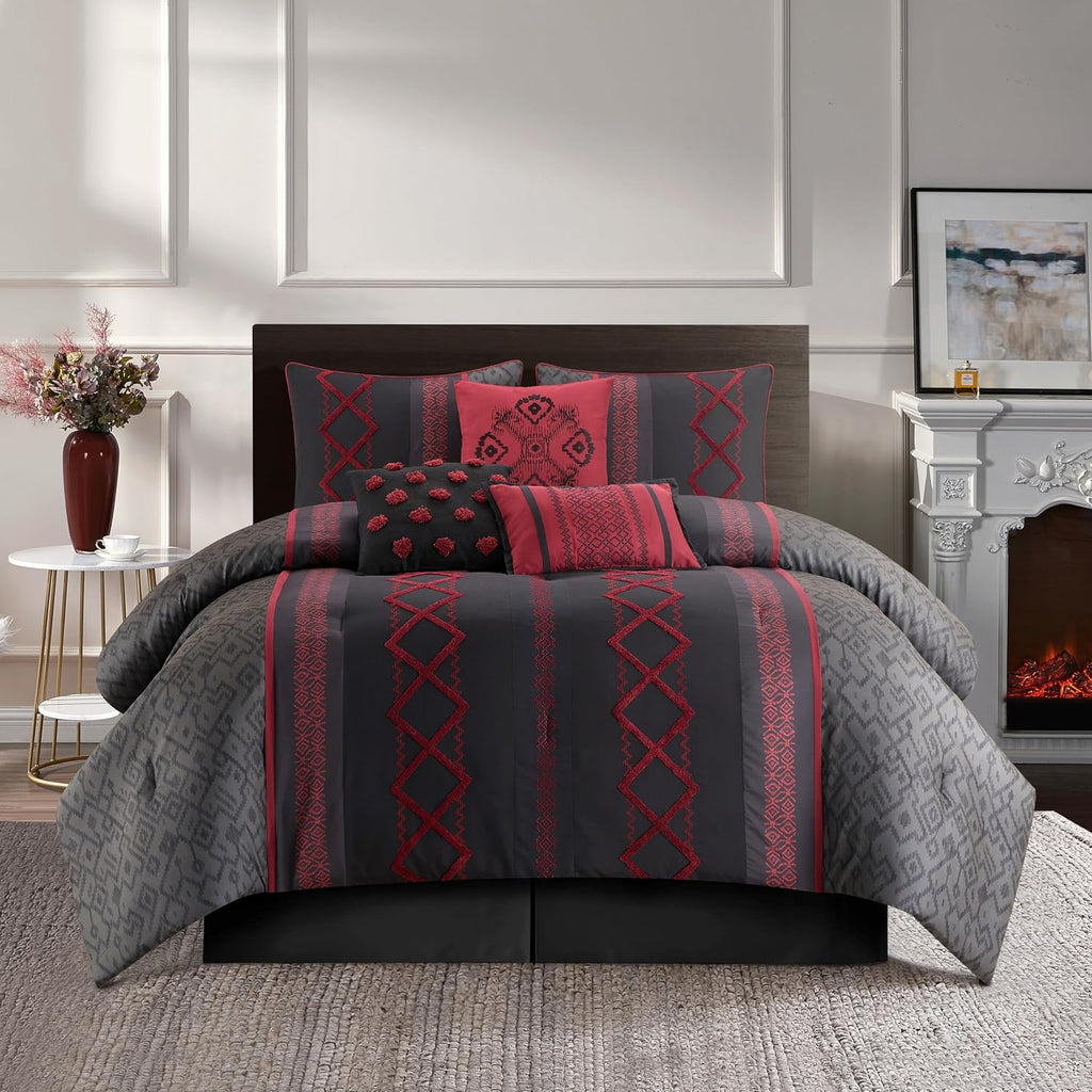 Stratford Park Luxury 7 Piece Cozy Comforter Set, Queen Size, Black and Red, Embroidered Bedding Sets, Premium Microfiber, All Season Home Décor