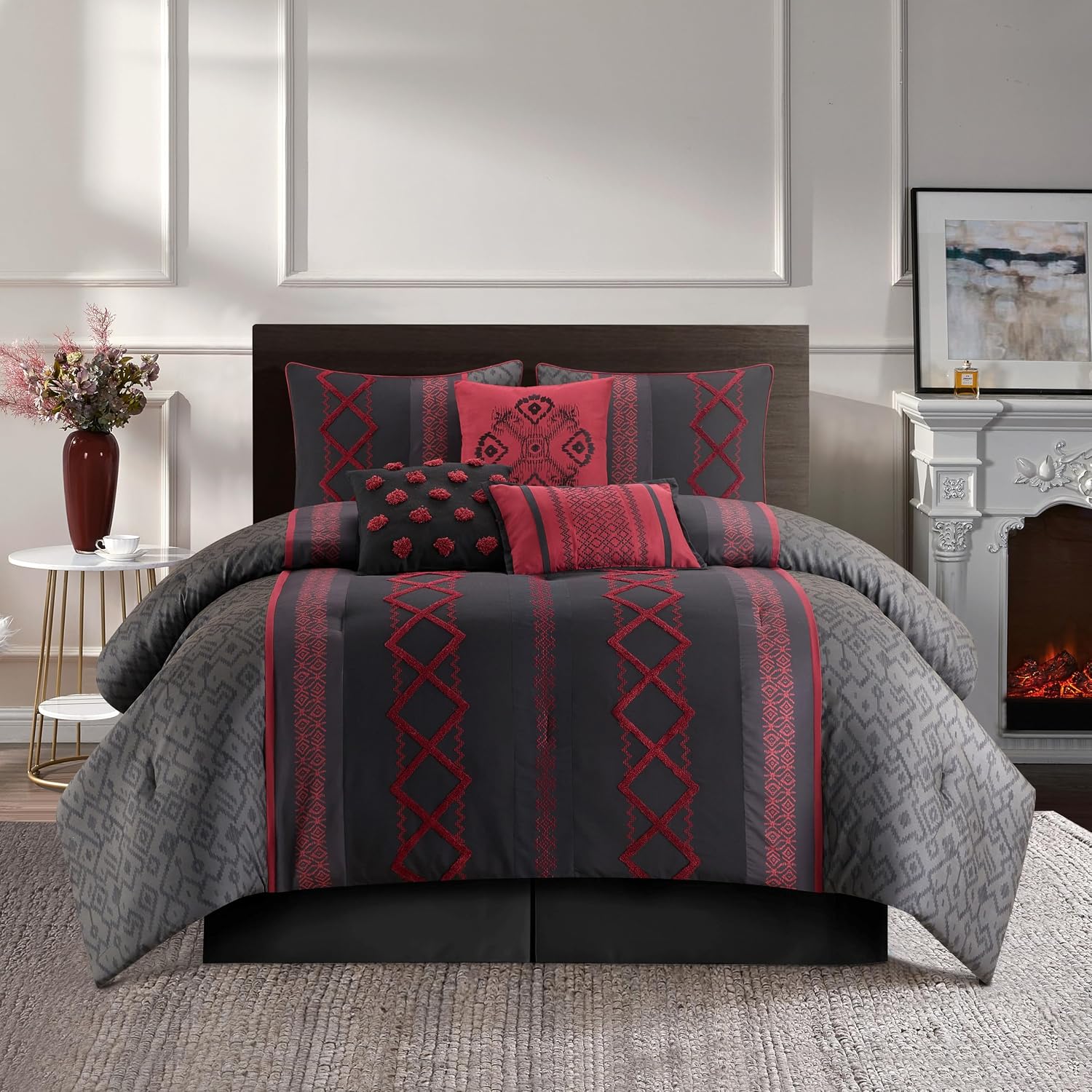 Stratford Park Luxury 7 Piece Cozy Comforter Set, Queen Size, Black and Red, Embroidered Bedding Sets, Premium Microfiber, All Season Home Décor