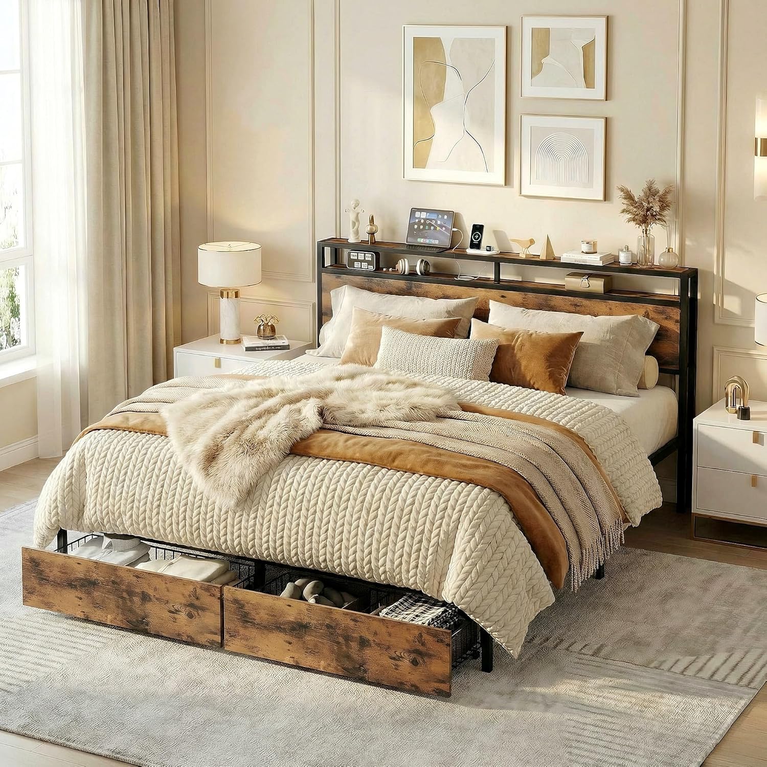 LIKIMIO King Bed Frame with Storage Headboard, Platform Bed with Drawers and Charging Station, No Box Spring Needed, Easy Assembly, Vintage Brown