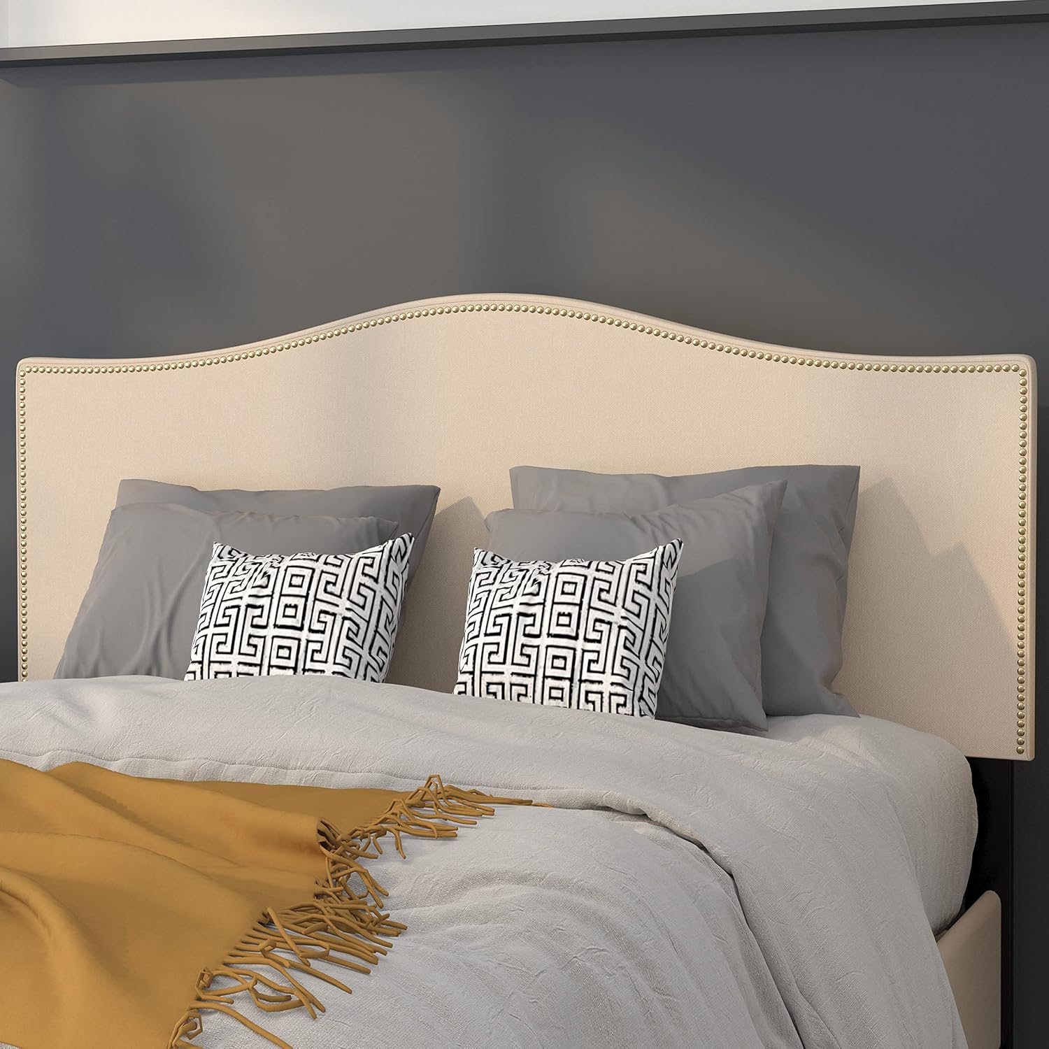 Flash Furniture Lexington Upholstered Full Size Headboard with Accent Nail Trim in Beige Fabric