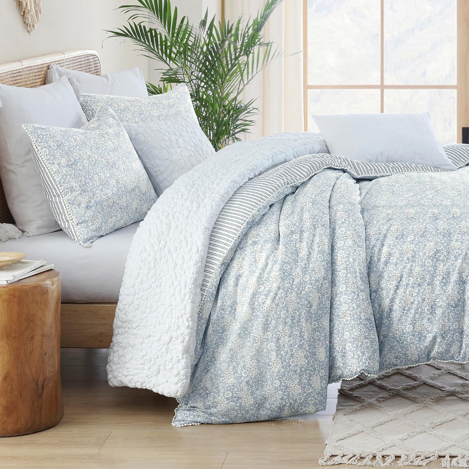 Peri Home 100% Cotton 3-Piece Comforter and Sham Set, King, Blue Ikat Eyelet
