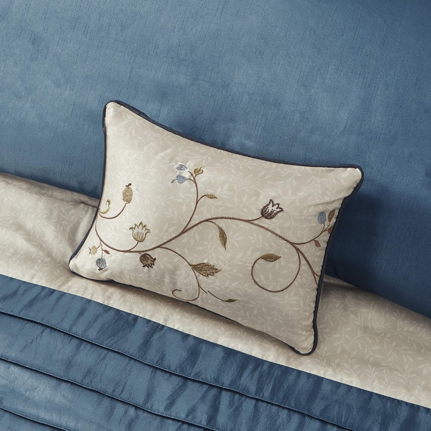 Madison Park Serene Faux Silk Comforter Set - Floral Embroidery Design, All Season Bedding Set, Matching Bed Skirt, Decorative Pillows, Navy Cal King(104'x92') 7 Piece
