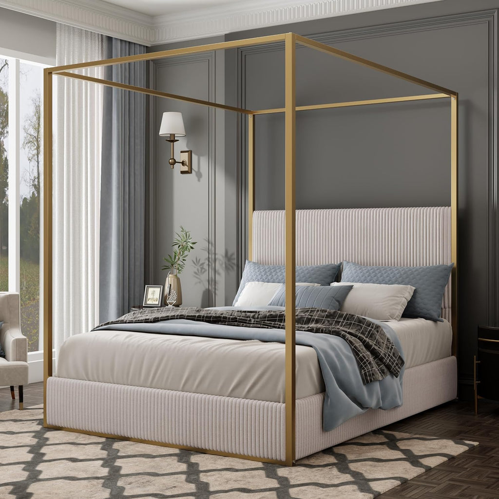 LUMISOL Queen Size Upholstered Canopy Bed, Metal 4 Poster Bed with Tall Corduroy Headboard, Gold Canopy 4 Poster Bed Frame with Headboard for Kids Teens Adults, No Box Spring Needed, Beige