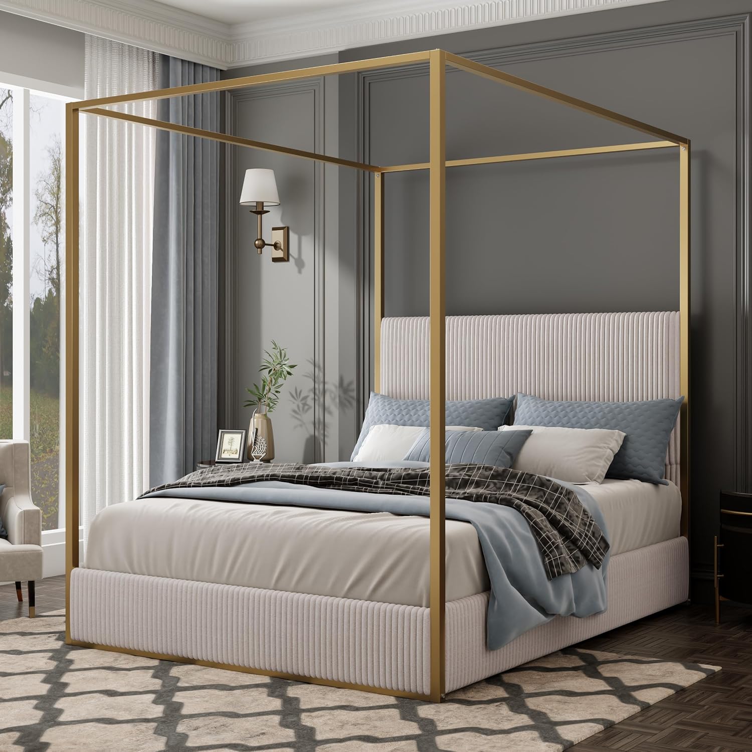 LUMISOL Queen Size Upholstered Canopy Bed, Metal 4 Poster Bed with Tall Corduroy Headboard, Gold Canopy 4 Poster Bed Frame with Headboard for Kids Teens Adults, No Box Spring Needed, Beige