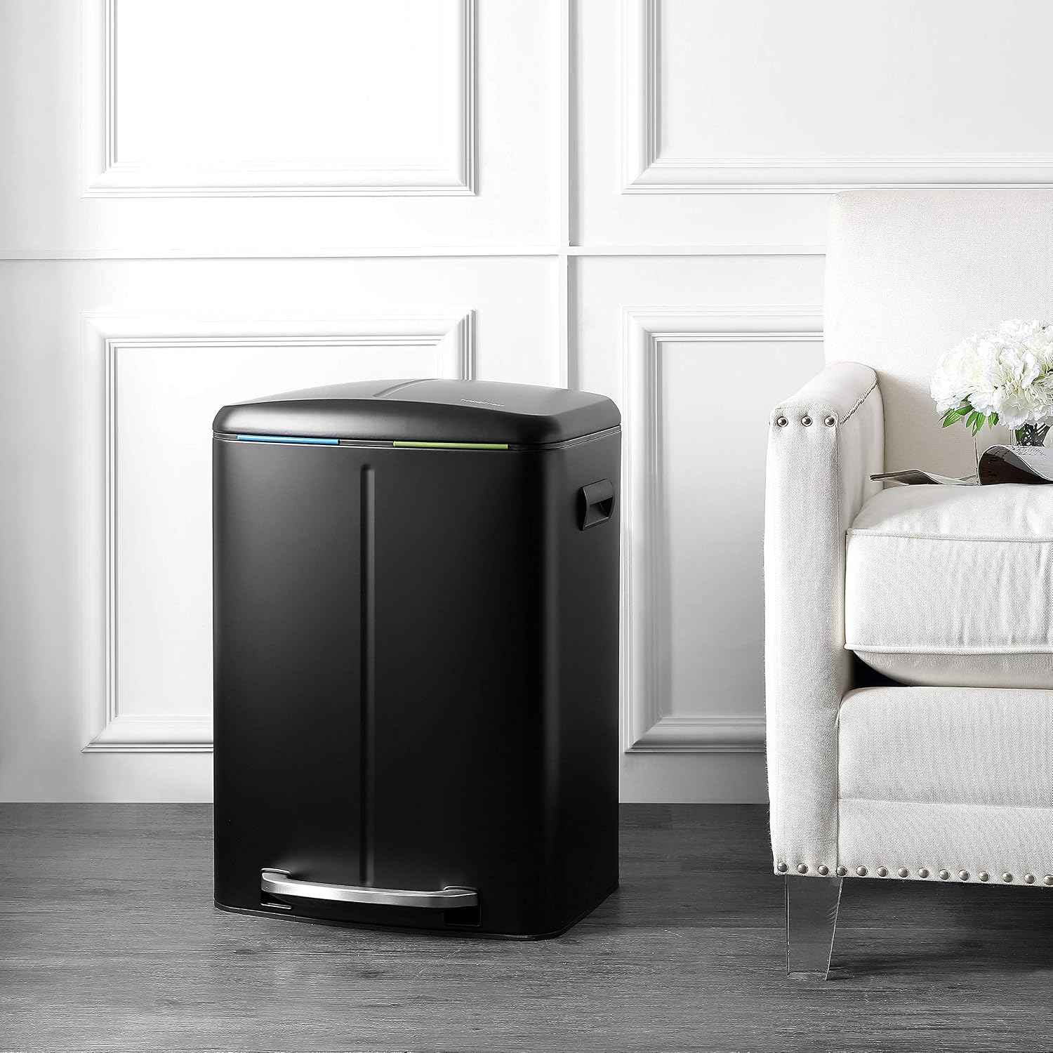 happimess HPM1005B Marco Rectangular 10.6-Gallon Double Bucket Trash Can with Soft-Close Lid, Fingerprint Resistant, Modern, Minimalistic for Home, Kitchen, Office, Bathroom, Black