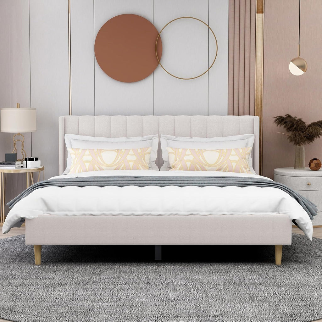 AGARTT Upholstered Platform Bed Frame King Size with Headboard and Footboard/Wooden Slats Support/No Box Spring Needed/Easy Assembly,Beige Velvet