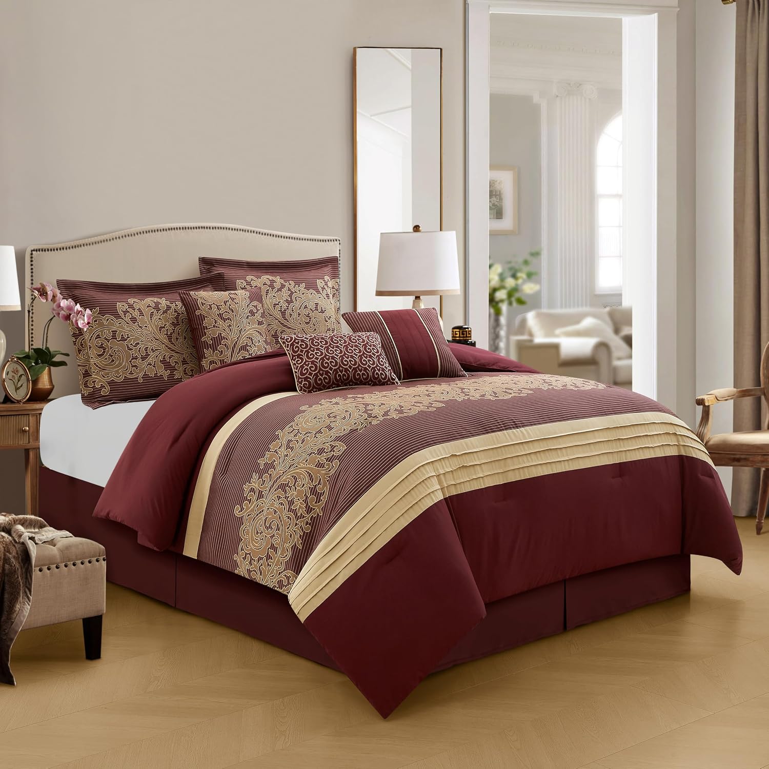 Grand Avenue Geometric Red and Gold Comforter Set California King Size, 7 Piece Jacquard Bedding Set, Ultra-Soft, Bedskirt, Pillows & Shams