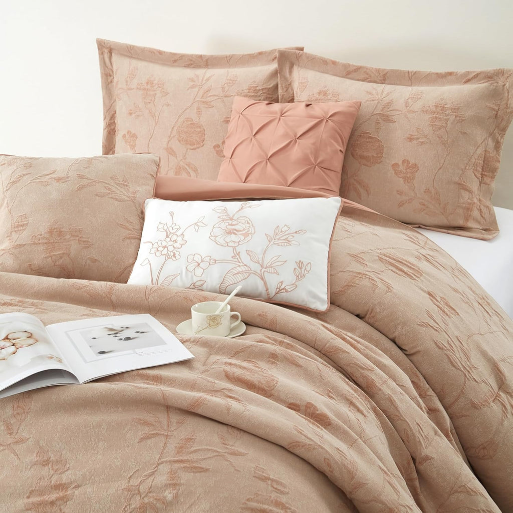 Grand Avenue Floral Comforter Set Queen Size, Blush 7 Pieces Jacquard Bedding Set, Cotton &Polyester Bedding, All Season, Bedskirt, Pillows Shams