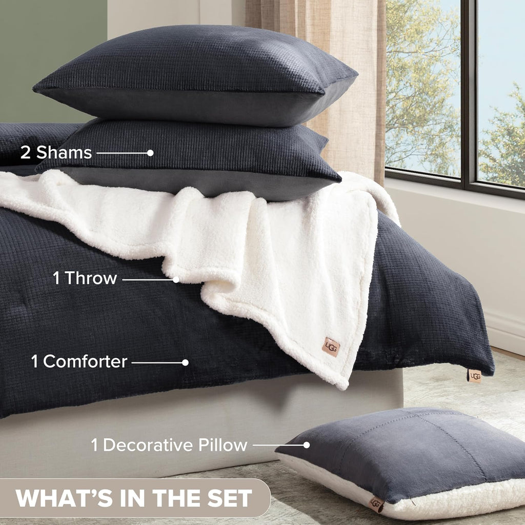 UGG Remina Comforter Set 5 Piece Bed in a Bag with Throw Blanket, Decorative Pillow, Shams, and Reversible Comforter Hypoallergenic Washable Luxury Warm Fluffy Bedding Set, Full/Queen, Navy Blue