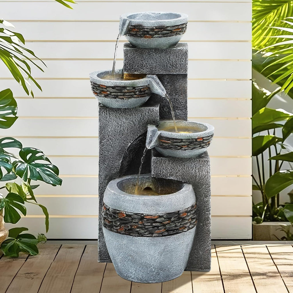 4-Tier 19.5' Indoor/Outdoor Fountain with LED Lights, Resin Pebble Tabletop Design,Soothing Cascading Waterfall for Garden/Patio/Deck/Home Decor