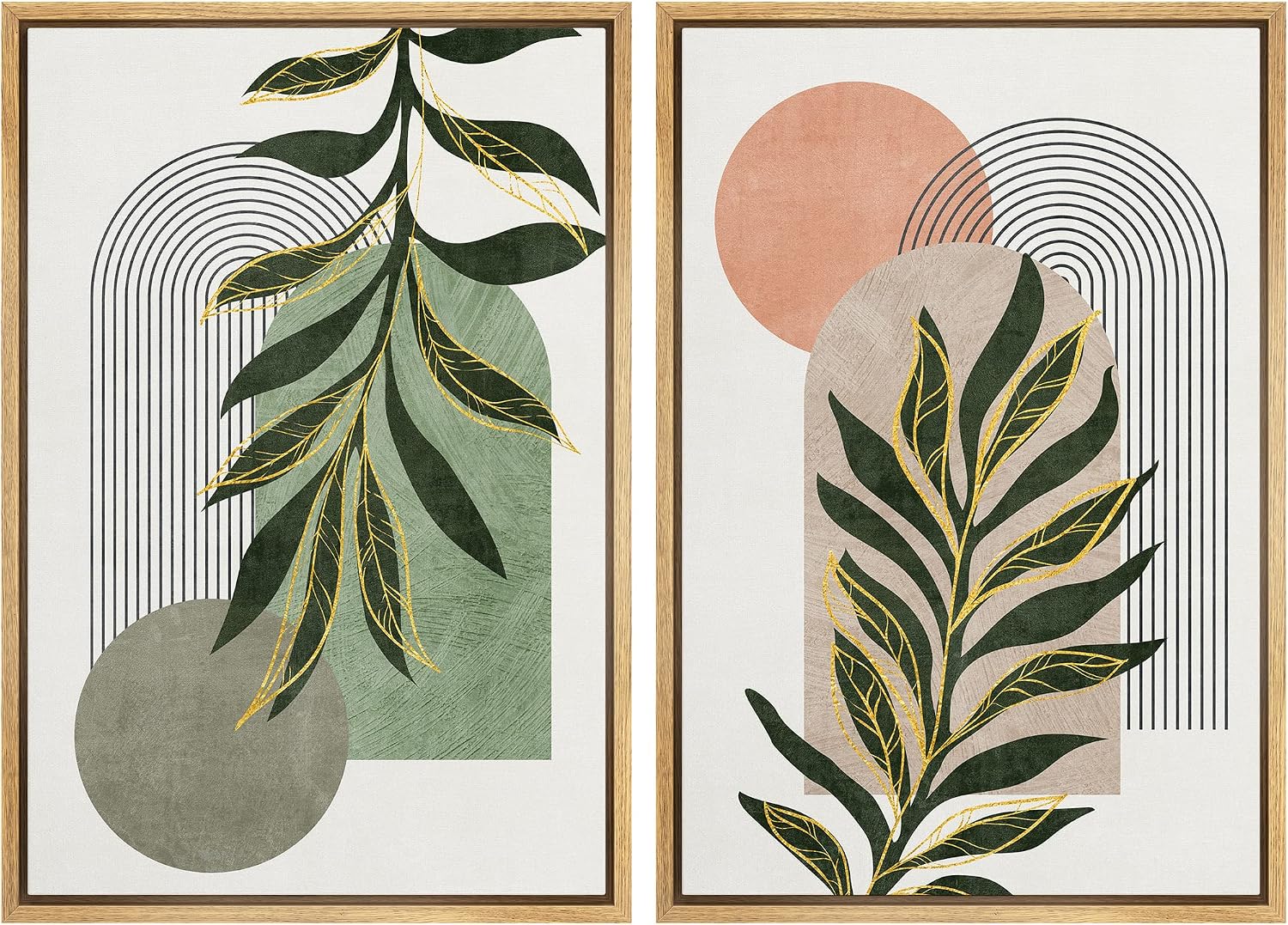 SIGNFORD Framed Canvas Print Wall Art Set Jungle Palm Leaf Geometric Polygons Abstract Shapes Illustration Modern Art Decorative Nordic Nature for Living Room, Bedroom, Office - 24'x36'x2 Natural