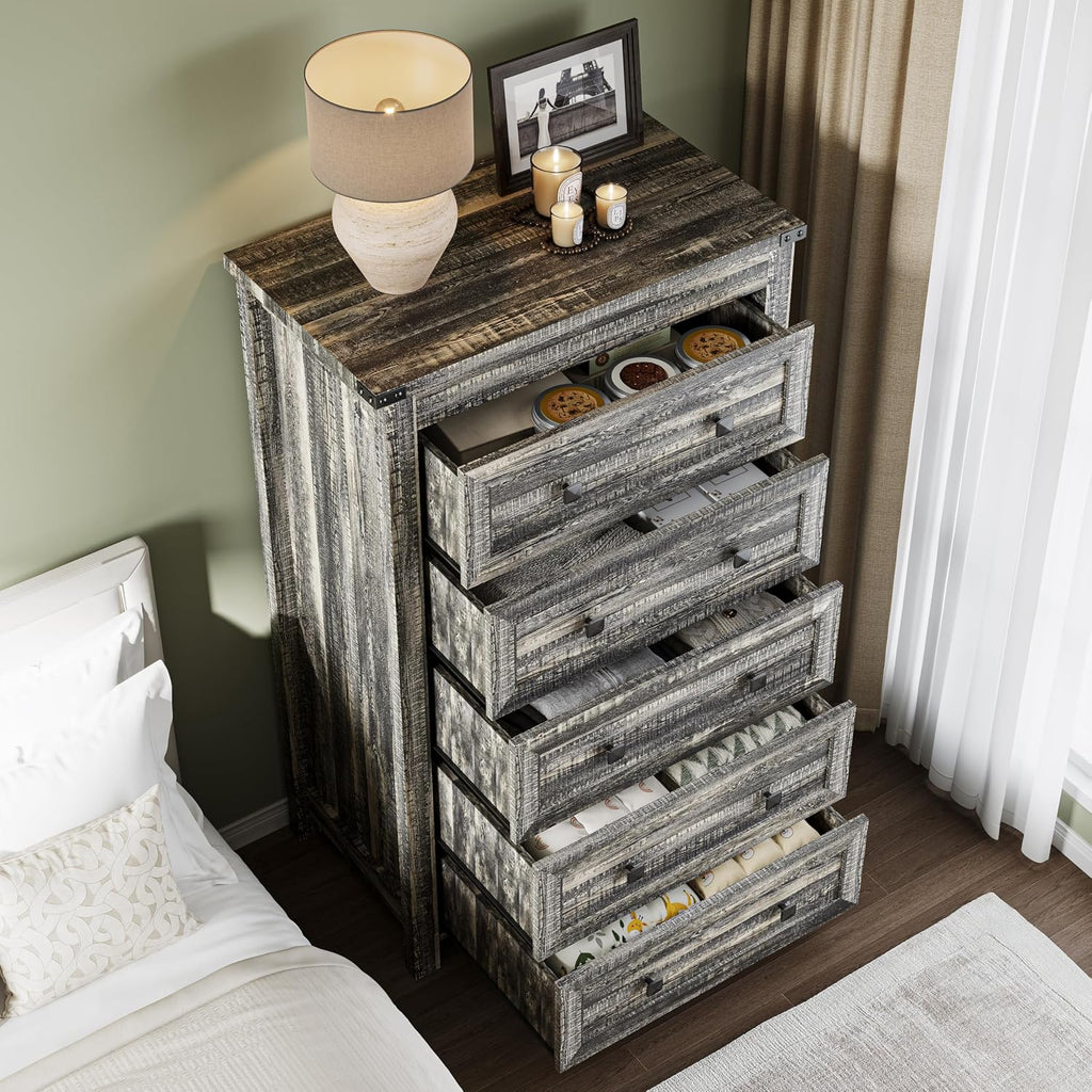 BORNOON Tall 5-Drawer Dresser, Modern Wooden Storage Chest of Drawers, Dresser TV Stand, Wood Drawer Organizer with Metal Handles for Bedroom, Living Room, Hallway