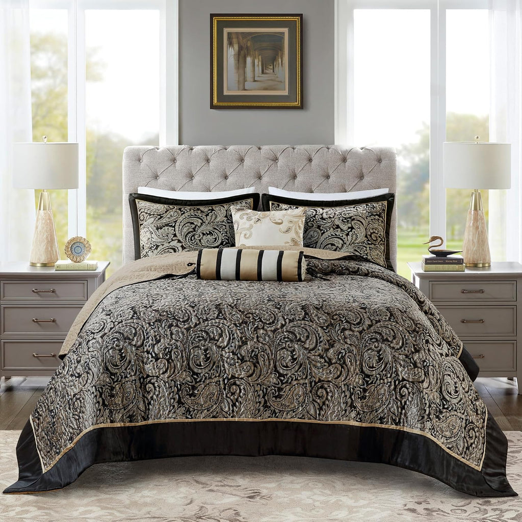 Madison Park Aubrey Reversible Quilted Bedspread Set, Solid Reverse Summer Breathable, Lightweight All Season Bedding Layer, Matching Shams, Bedspread Queen(102'x118'), Black 5 Piece