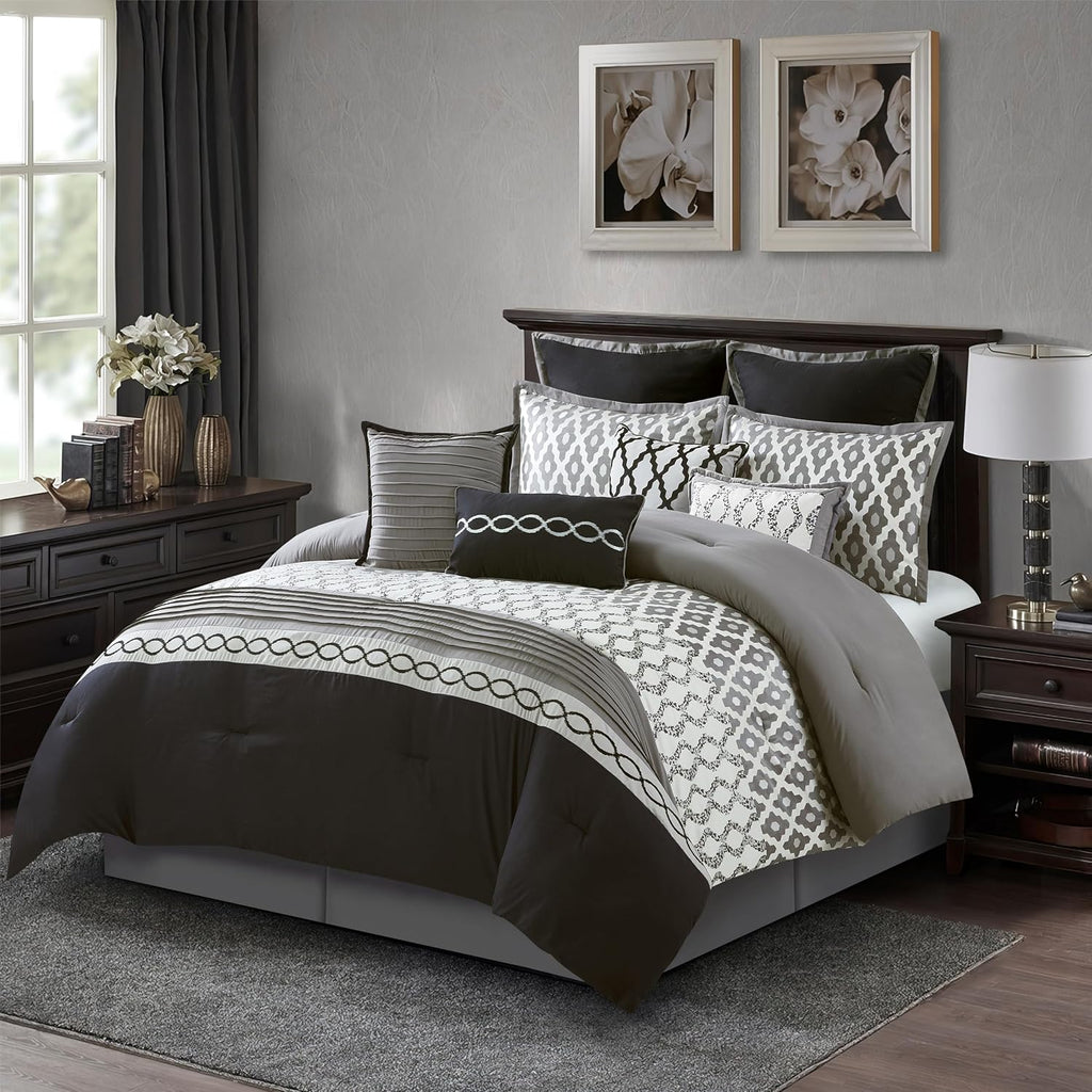 Stratford Park Geometirc California King Black Comforter Set, 10 Piece, Jacquard Bedding Comforters & Sets, Bedskirt, Pillows & Shams, Ultra-Soft