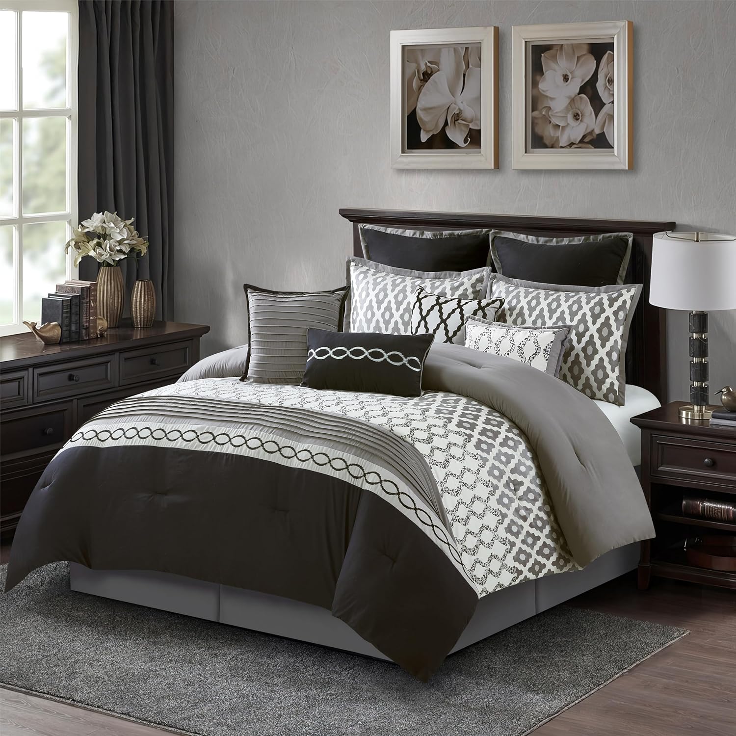 Stratford Park Geometirc California King Black Comforter Set, 10 Piece, Jacquard Bedding Comforters & Sets, Bedskirt, Pillows & Shams, Ultra-Soft